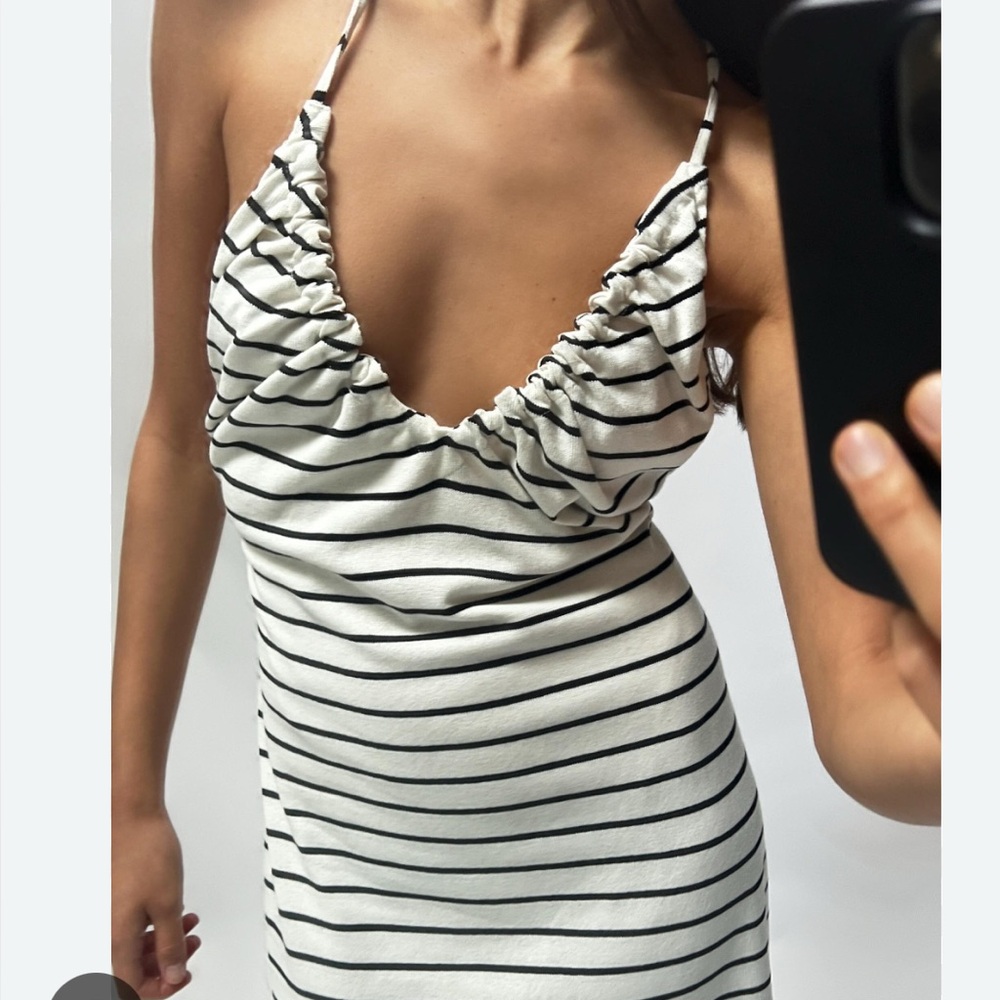 Zara Striped Black and White Ruched Cotton Knit Dress
